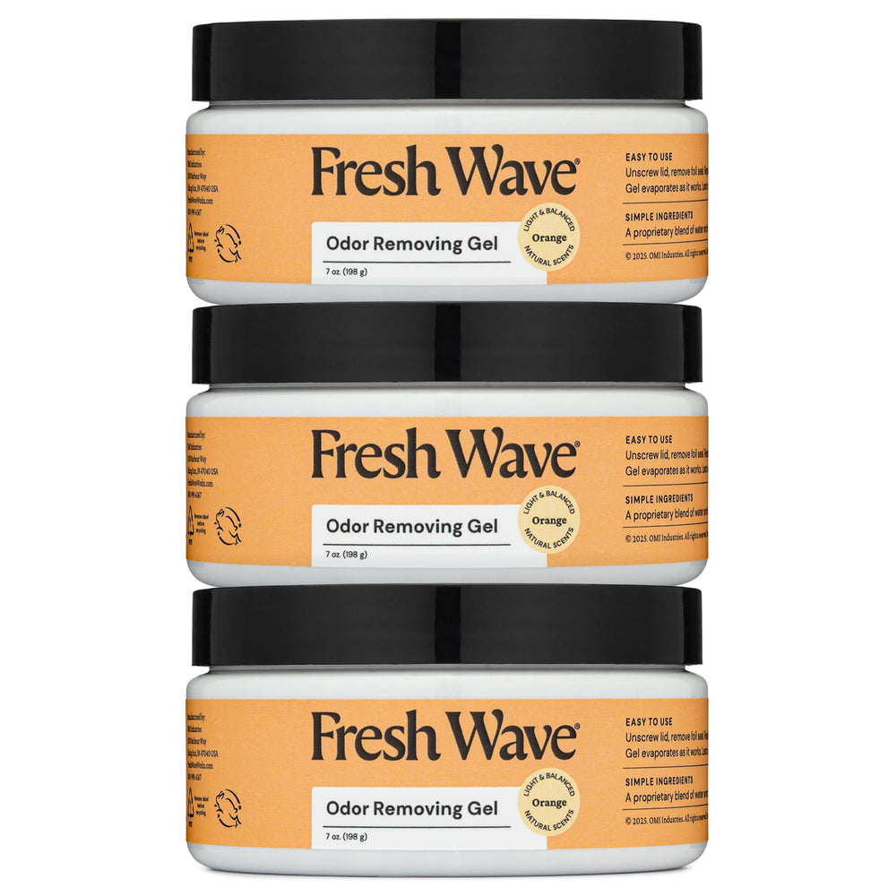 Fresh Wave Orange Odor Removing Gel 7oz pack of 3 on a shelf absorbs odors