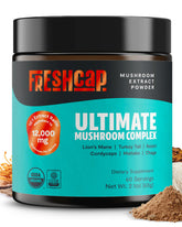 FreshCap Mushrooms coffee substitute jar front showing earthy blend for mornings