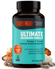 FreshCap Mushrooms Ultimate Mushroom Supplement bottle shows daily cognitive support.