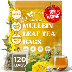 FreshDrinkUS mullein tea bag close-up showing premium leaves and rich aroma.