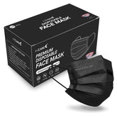 FriCARE black disposable mask in a 50-pack shown for daily wear and coverage.