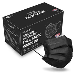 FriCARE black disposable mask in a 50-pack shown for daily wear and coverage.
