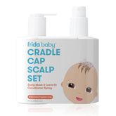 Frida Baby cradle cap mask being applied during bath to soften flakes