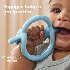 Frida Baby teether offers multiple textures for front and back teeth relief.