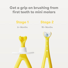 Frida Baby Grow-with-Me toddler brush with triple-angle bristles for all-side cleaning.