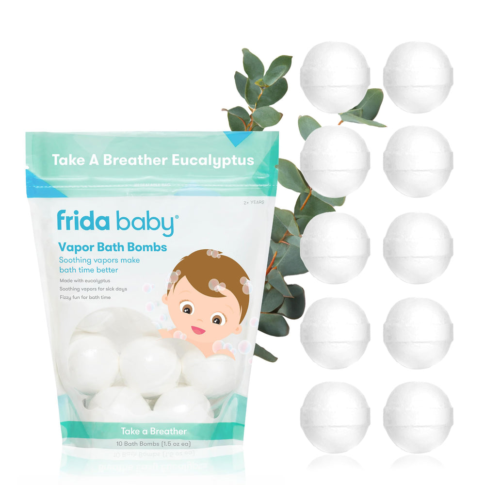 Frida Baby natural vapor bath bombs packaging shows 10 individually wrapped bombs for calming baths.