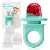 Frida Baby Push Pop Feeder teal cap shows spill-free design for mess-free feeding.