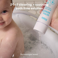 Frida Baby Unscented Bubble Bath close-up on oat and chamomile ingredients.