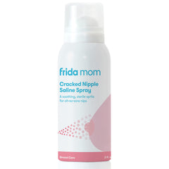 Frida Mom saline spray bottle close-up shows convenient relief on sore nipples.