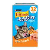 Friskies Lil’ Lickables Chicken Tube close-up, creamy puree tempts cats for quick, delicious snacks.
