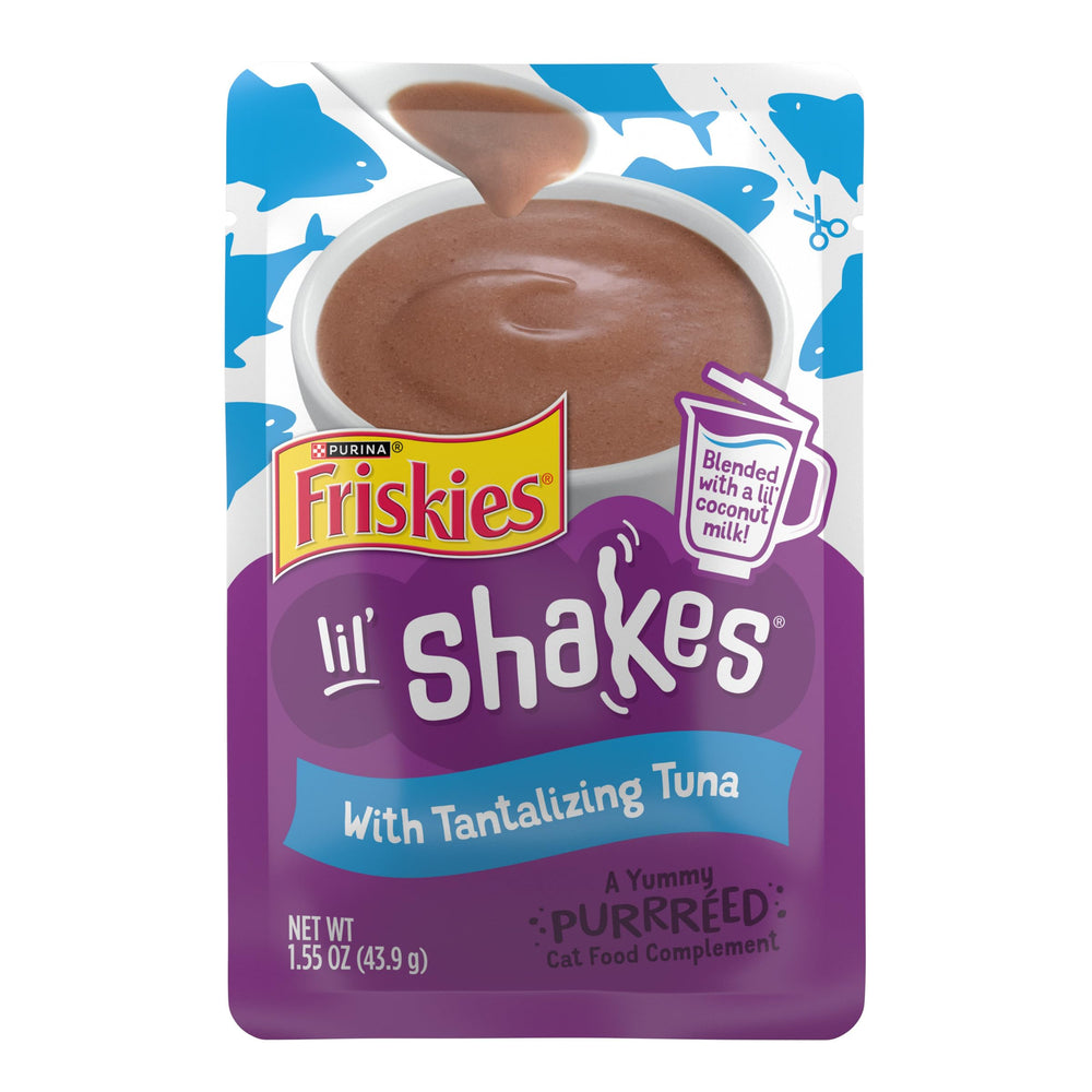 Friskies Lil' Shakes tuna puree topper shown for lickable cat treats.