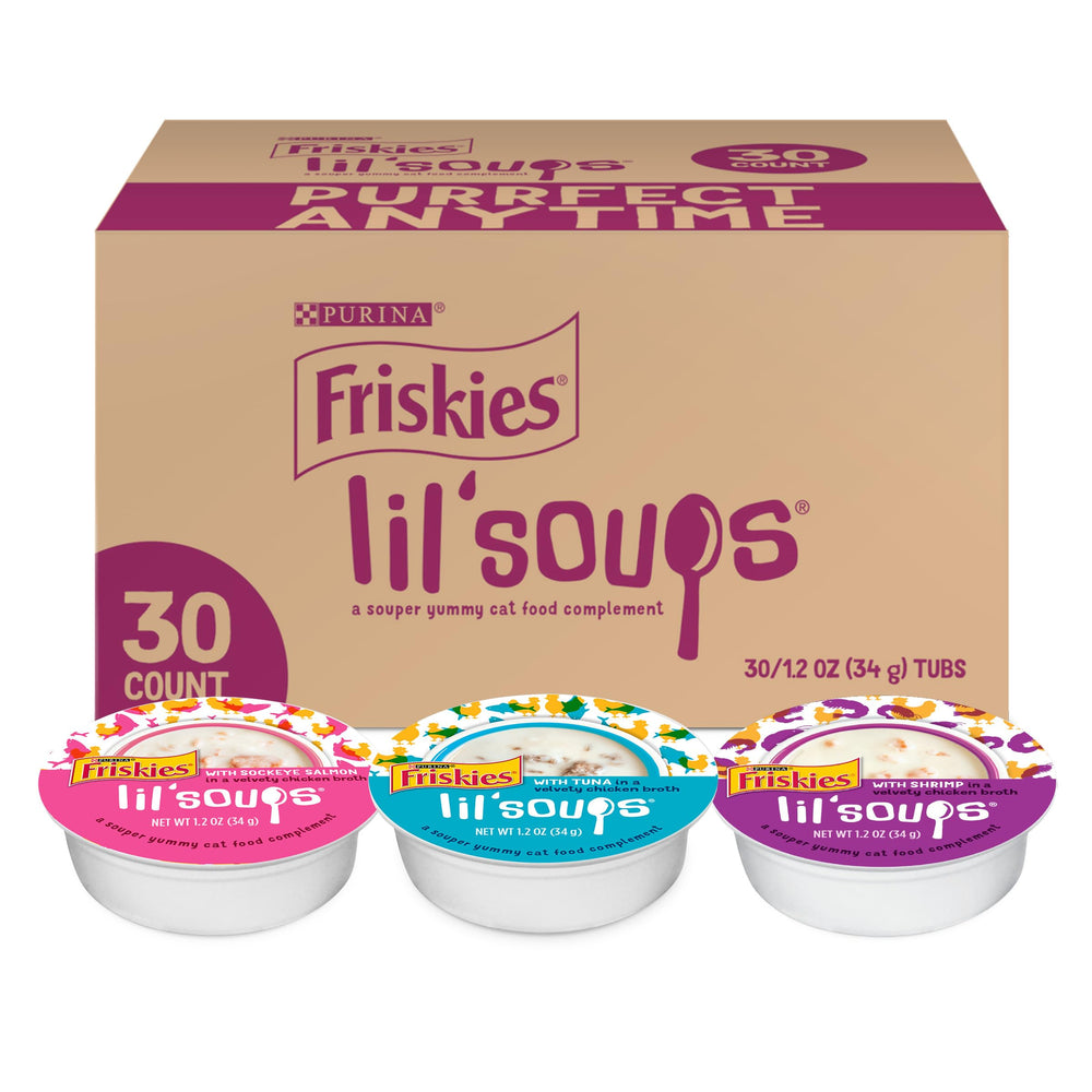 Friskies Lil' Soups salmon cup with real seafood in a grain-free topper.
