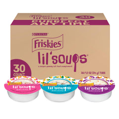 Friskies Lil' Soups salmon cup with real seafood in a grain-free topper.
