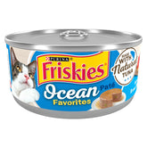 Friskies Ocean Favorites pate can front view highlighting natural tuna aroma for cats.