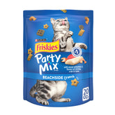 Friskies Party Mix Beachside Crunch pack shown, ocean-inspired treats for rewarding playtime.