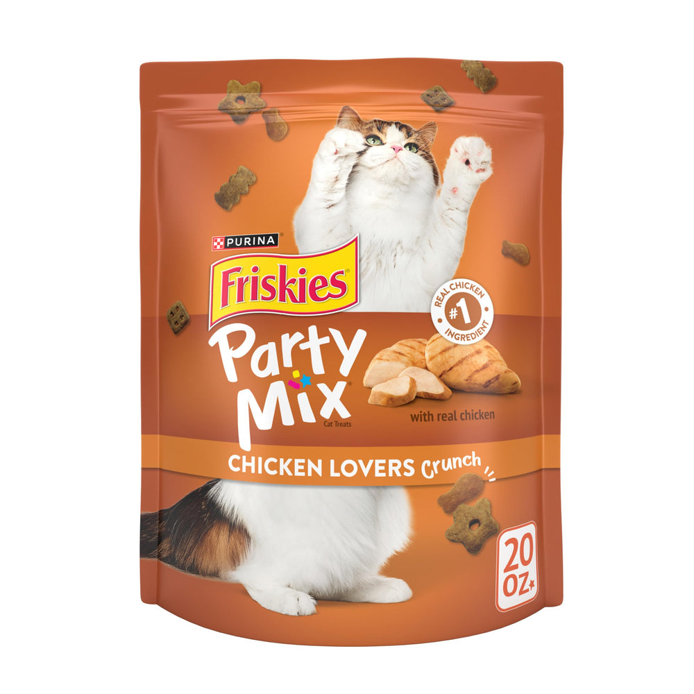 Friskies Party Mix Chicken Lovers Crunch pouch closeup with real chicken as the #1 ingredient.