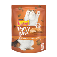 Friskies Party Mix Chicken Lovers Crunch pouch closeup with real chicken as the #1 ingredient.