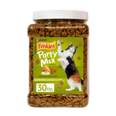 Friskies Party Mix Morning Munch Crunch treats close-up showing eggs, bacon and cheese.