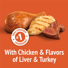 Friskies Party Mix Original Crunch chicken flavor shown as the top ingredient.
