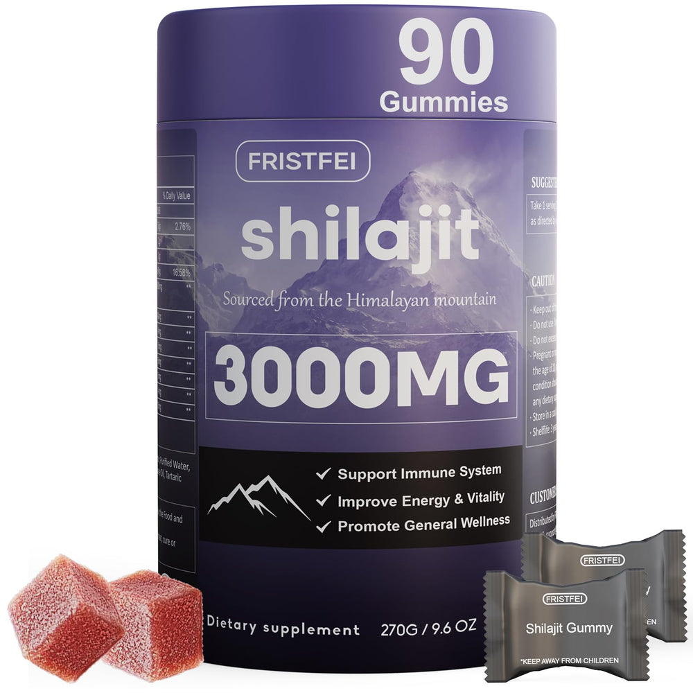 Fristfei Pure Himalayan Shilajit Gummies packaging highlights premium mineral-rich formula for daily use.