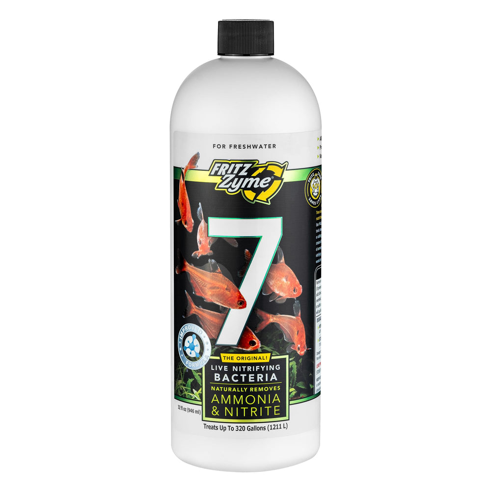 FritzZyme 7 bottle closeup showcasing live nitrifying bacteria for rapid biofilter cycling.