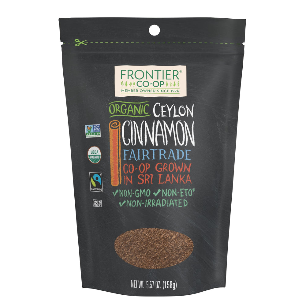 Frontier Co-op Ceylon cinnamon powder front packaging ready for baking.