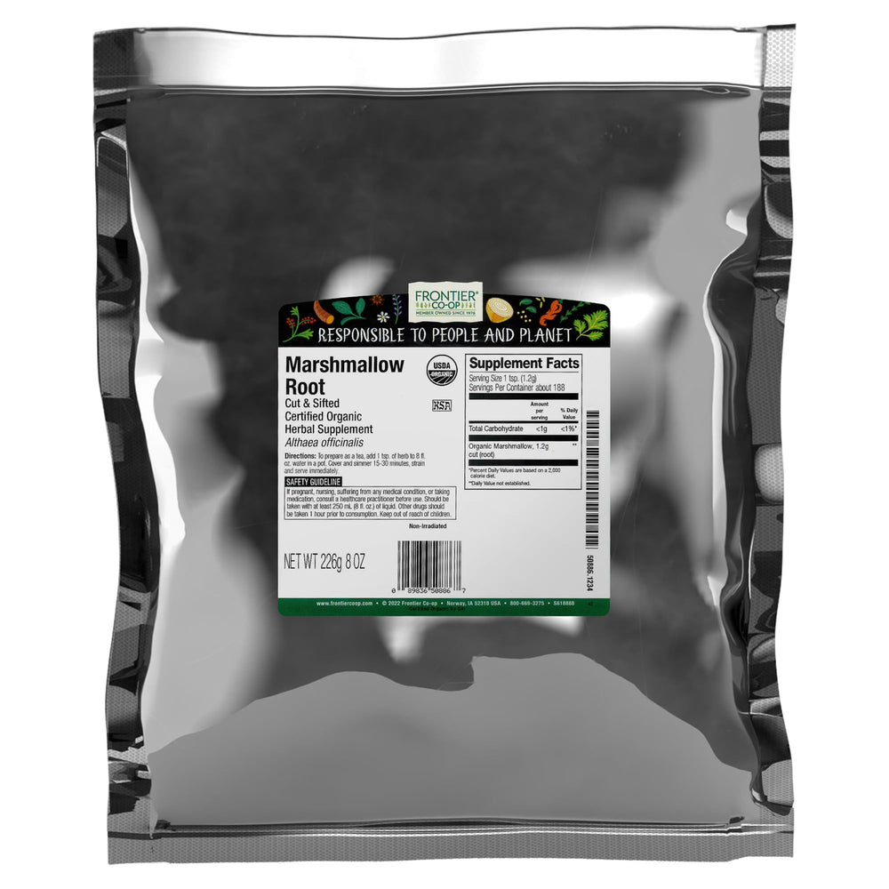 Frontier Co-op marshmallow root cut and sifted, ideal for herbal infusions.