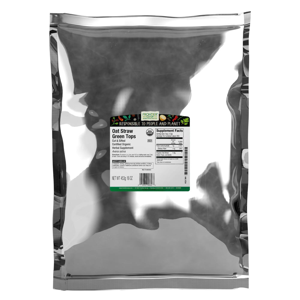 Frontier Co-op Oatstraw Green Tops steeping tea with a mild aroma and mellow flavor