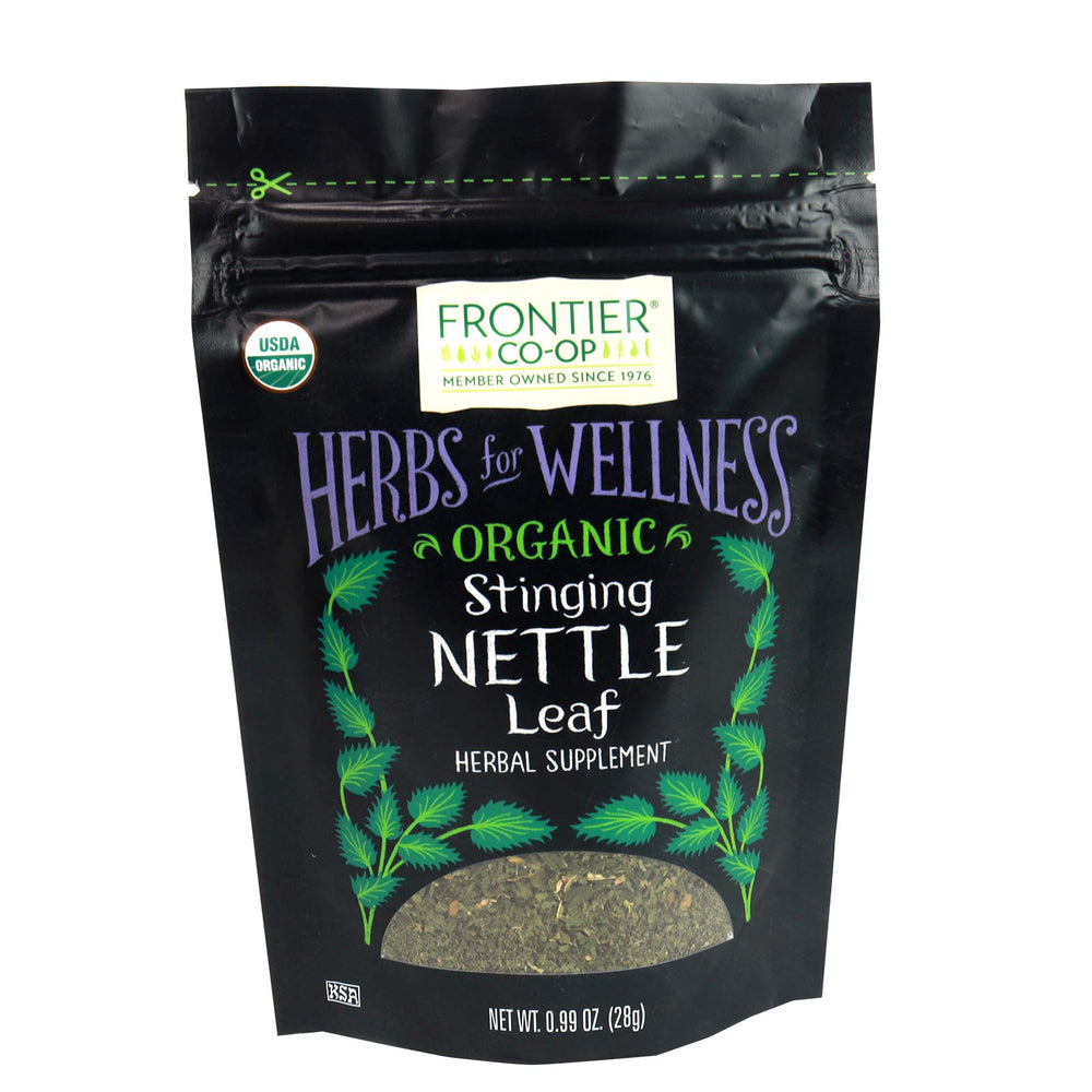 Frontier Co-op organic stinging nettle leaf bag closeup for fresh flavor and aroma.