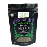 Frontier Co-op organic stinging nettle leaf bag closeup for fresh flavor and aroma.