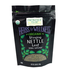 Frontier Co-op organic stinging nettle leaf bag closeup for fresh flavor and aroma.