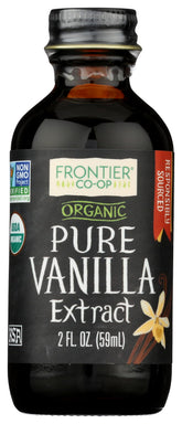 Frontier Co-op vanilla extract 2 oz bottle in focus for pure flavor.