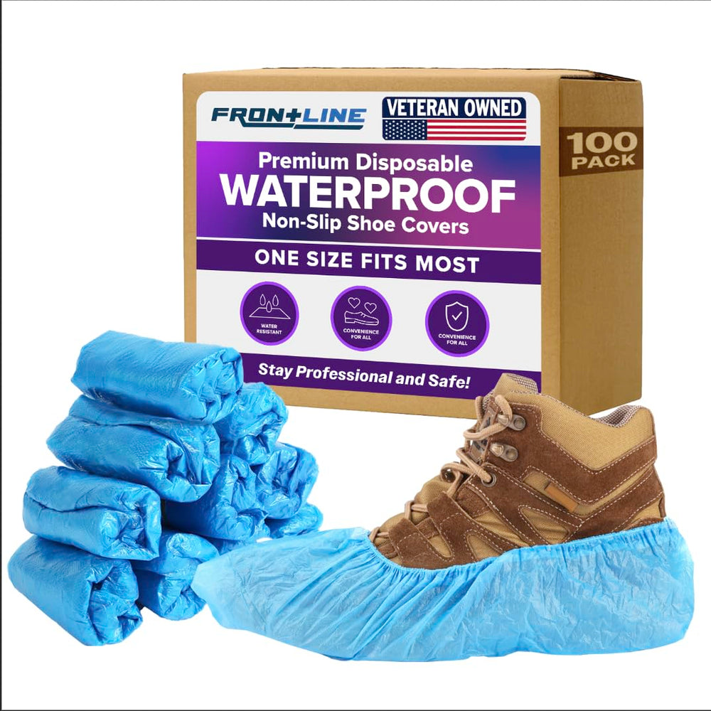 Frontline 100-pack waterproof shoe covers in box protect floors during visits and cleanups.