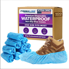 Frontline 100-pack waterproof shoe covers in box protect floors during visits and cleanups.