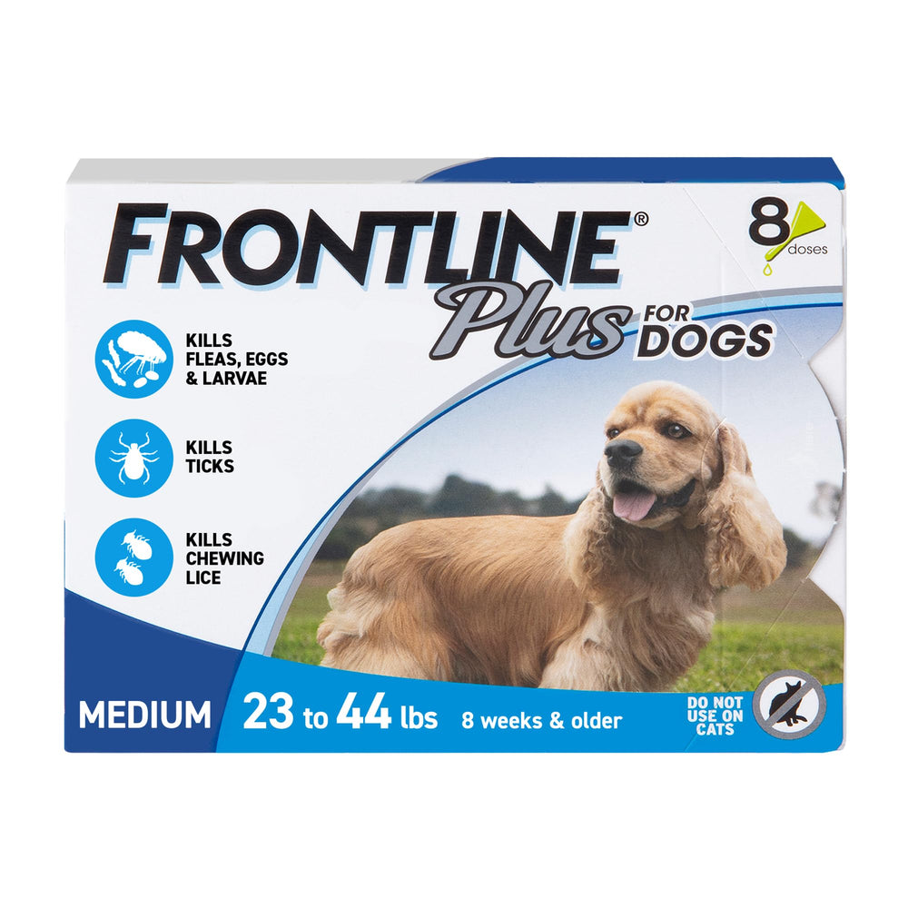 Frontline Plus for Dogs bottle showing easy monthly application on a dog's coat.