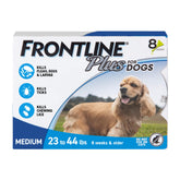 Frontline Plus for Dogs bottle showing easy monthly application on a dog's coat.