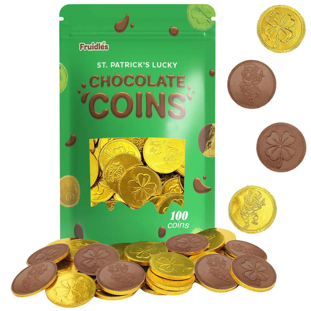 Fruidles St. Patrick's milk chocolate gold coins in foil wrap, ideal for goody bags and party favors.