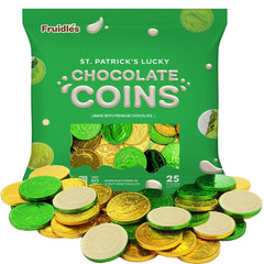 Fruidles St. Patrick's coins pack in white, green, and gold chocolate for party treats