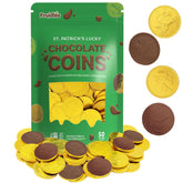 Fruidles St. Patrick's Day coins in gold foil close-up, premium Belgian milk chocolate, ideal party favor