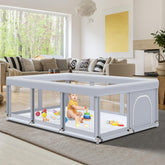 Fshibila playpen setup in a bright living room showing a spacious safe play area