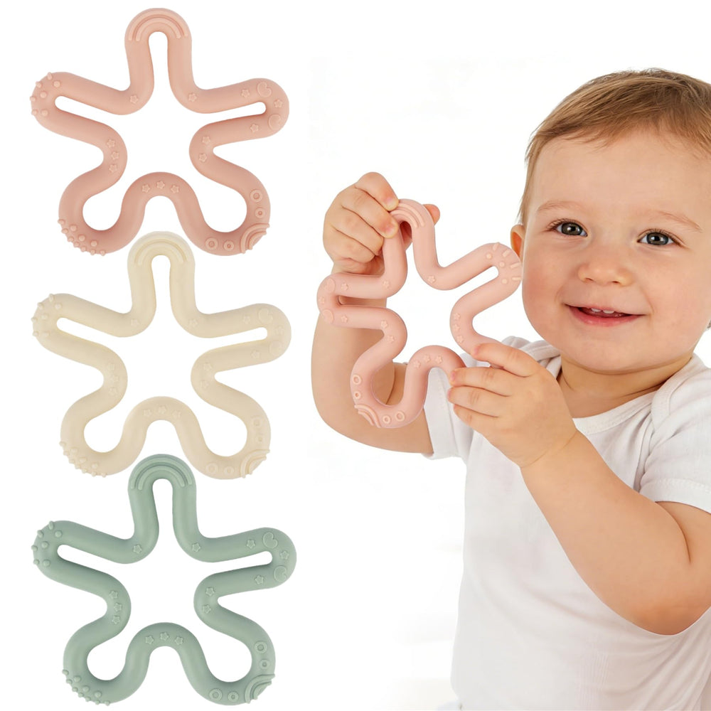 Fu Store coral flower teether, top view, ergonomic grip supports tiny hands.