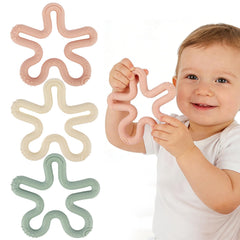 Fu Store coral flower teether, top view, ergonomic grip supports tiny hands.