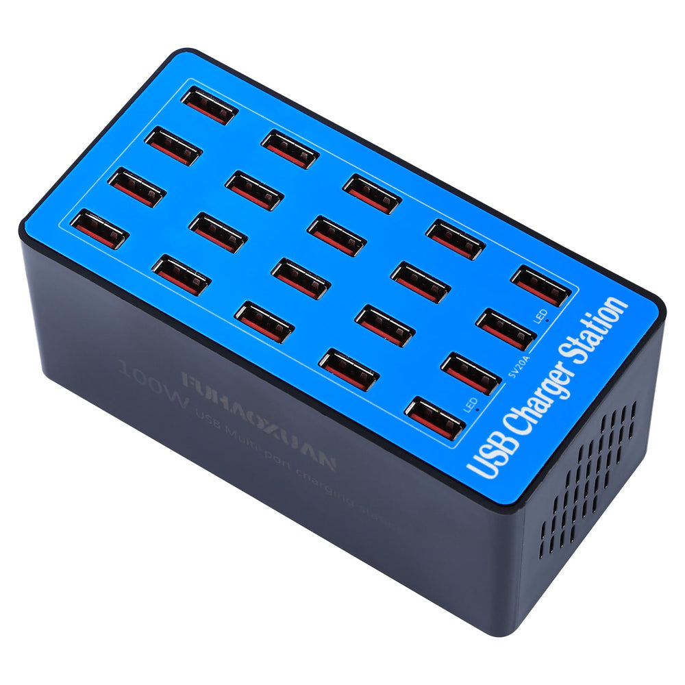 FUHAOXUAN USB charging station 20-port setup for simultaneous charging at home or office.