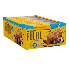 Close-up of Fulfil Triple Chocolate bar with chocolate chunks and crispy bits.