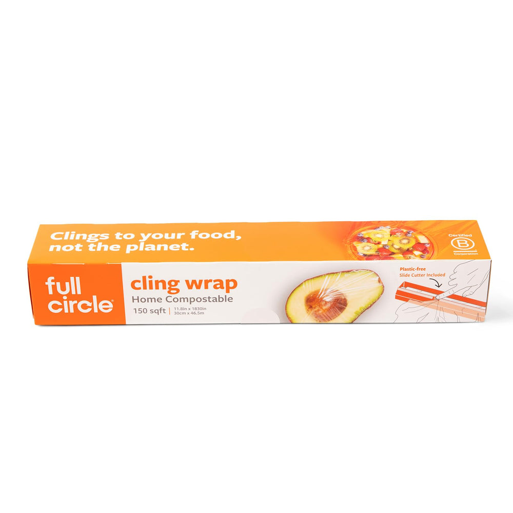 Full Circle compostable cling wrap roll provides an airtight seal for leftovers.