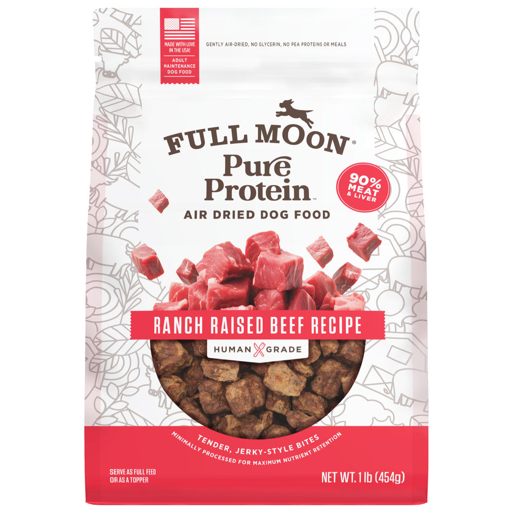 Full Moon Pure Protein air-dried beef bites, high meat content for flavor and protein.