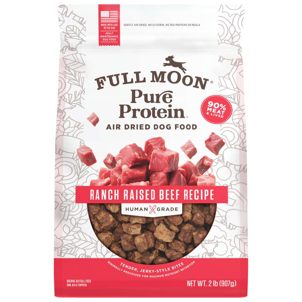 Full Moon Pure Protein air-dried dog food ranch-raised beef packaging, easy storage.