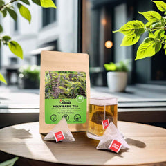 FullChea 100% natural ingredients badge, highlighting high-quality, non-GMO holy basil leaves.