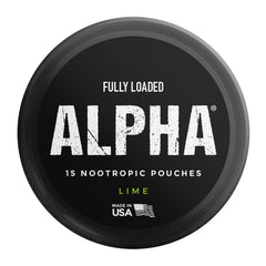Packaging detail shows Alpha GPC and L-Tyrosine in Fully Loaded Bullseye Pouches Lime.