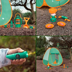 FUN LITTLE TOYS oil lamp lights up for cozy campfire ambience during play.